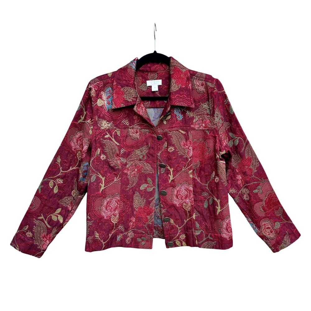 Vintage 1980s Christopher & Banks Red Floral Jacket Tapestry Style Cotton Blend